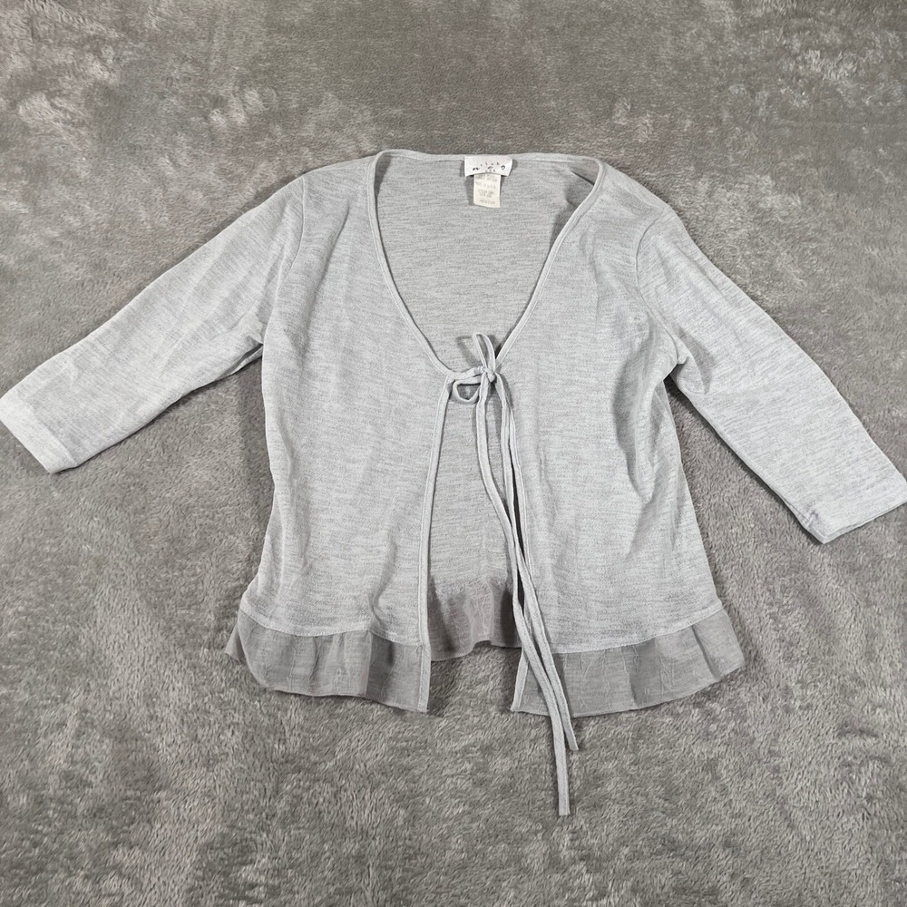 Club Neo Tie Front‎ Cardigan Ruffle Hem 3/4 Sleeve Gray Size M Vintage Y2K